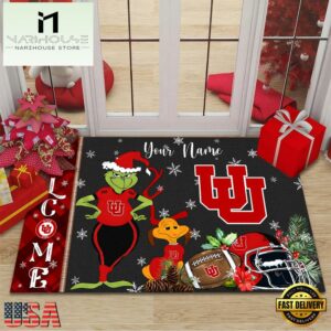 Custom Name NCAA Utah Utes Grinch Christmas Welcome Football Doormat
