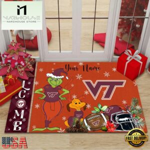Custom Name NCAA Virginia Tech Hokies Grinch Christmas Welcome Football Doormat