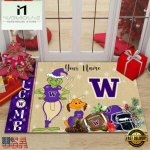 Custom Name NCAA Washington Huskies Grinch Christmas Welcome Football Doormat