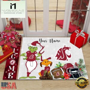 Custom Name NCAA Washington State Cougars Grinch Christmas Welcome Football Doormat