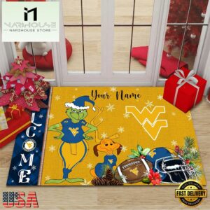 Custom Name NCAA West Virginia Mountaineers Grinch Christmas Welcome Football Doormat