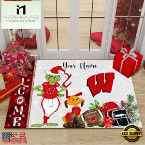 Custom Name NCAA Wisconsin Badgers Grinch Christmas Welcome Football Doormat