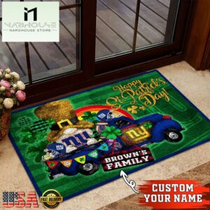 Custom Name New York Giants NFL St. Patrick's Day Gnome Shamrock Doormat