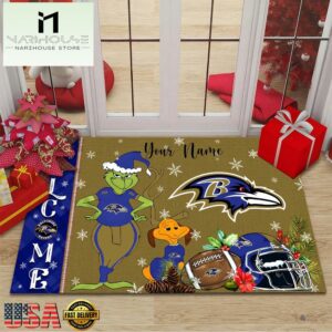 Custom Name NFL Baltimore Ravens Grinch Christmas Welcome Football Doormat