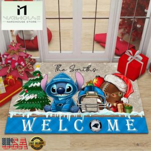 Custom Name NFL Carolina Panthers Cute Stitch Welcome Christmas Doormat