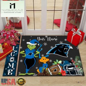 Custom Name NFL Carolina Panthers Grinch Christmas Welcome Football Doormat