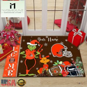 Custom Name NFL Cleveland Browns Grinch Christmas Welcome Football Doormat