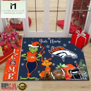 Custom Name NFL Denver Broncos Grinch Christmas Welcome Football Doormat