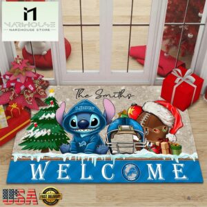 Custom Name NFL Detroit Lions Cute Stitch Welcome Christmas Doormat