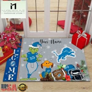 Custom Name NFL Detroit Lions Grinch Christmas Welcome Football Doormat