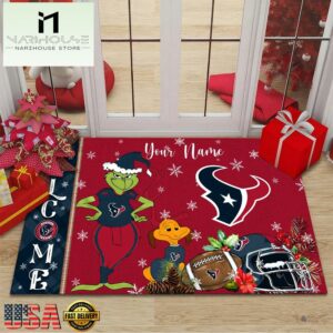 Custom Name NFL Houston Texans Grinch Christmas Welcome Football Doormat