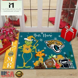 Custom Name NFL Jacksonville Jaguars Grinch Christmas Welcome Football Doormat
