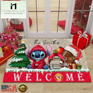 Custom Name NFL Kansas City Chiefs Cute Stitch Welcome Christmas Doormat