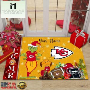 Custom Name NFL Kansas City Chiefs Grinch Christmas Welcome Football Doormat