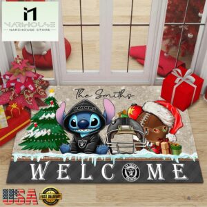 Custom Name NFL Las Vegas Raiders Cute Stitch Welcome Christmas Doormat