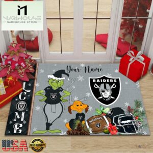 Custom Name NFL Las Vegas Raiders Grinch Christmas Welcome Football Doormat