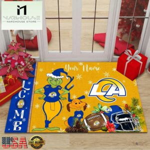 Custom Name NFL Los Angeles Rams Grinch Christmas Welcome Football Doormat