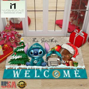Custom Name NFL Miami Dolphins Cute Stitch Welcome Christmas Doormat