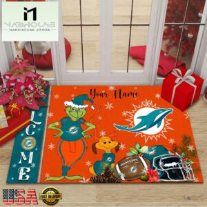 Custom Name NFL Miami Dolphins Grinch Christmas Welcome Football Doormat