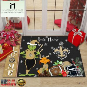 Custom Name NFL New Orleans Saints Grinch Christmas Welcome Football Doormat
