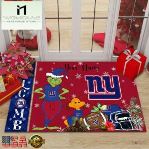Custom Name NFL New York Giants Grinch Christmas Welcome Football Doormat