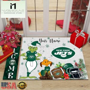 Custom Name NFL New York Jets Grinch Christmas Welcome Football Doormat