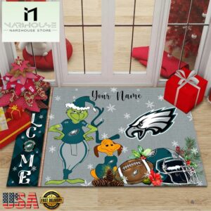 Custom Name NFL Philadelphia Eagles Grinch Christmas Welcome Football Doormat