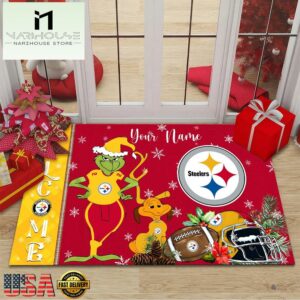 Custom Name NFL Pittsburgh Steelers Grinch Christmas Welcome Football Doormat