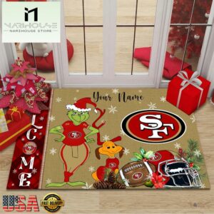 Custom Name NFL San Francisco 49ers Grinch Christmas Welcome Football Doormat
