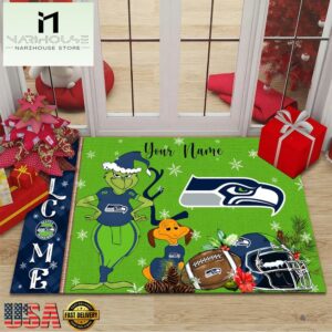 Custom Name NFL Seattle Seahawks Grinch Christmas Welcome Football Doormat