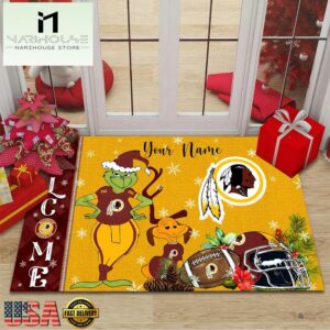 Custom Name NFL Washington Redskin Grinch Christmas Welcome Football Doormat