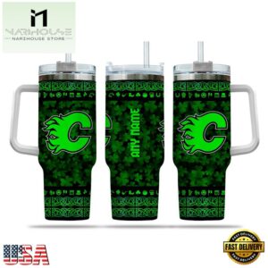 Custom Name NHL Calgary Flames Happy St. Patrick’s Day Stainless Steel Tumbler 40Oz With Handle