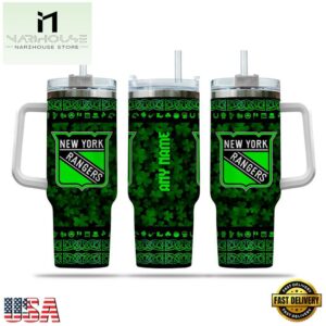 Custom Name NHL New York Rangers Happy St. Patrick’s Day Stainless Steel Tumbler 40Oz With Handle