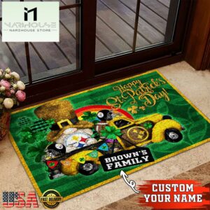 Custom Name Pittsburgh Steelers NFL St. Patrick's Day Gnome Shamrock Doormat