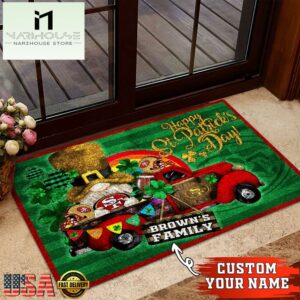 Custom Name San Francisco 49ers NFL St. Patrick's Day Gnome Shamrock Doormat