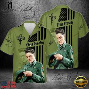 Elvis Presley Taking Care of Business Army Green Unisex Hawaiian Shirt