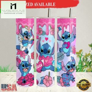Glitter Dripping Valentine Tumbler Stitch XOXO Tumbler with Lid and Straw