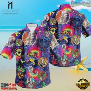 Grateful Dead Bears Tie Die With Skeleton Unisex Hawaiian Shirt