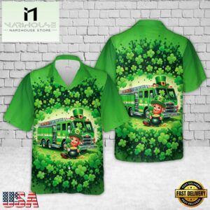 Green Fire Truck With Leprechaun Patrick's Day Hawaiian Shirt