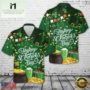 Happy St Patrick's Day With Golden Coins Pot Shamrock Clover Hawaiian Shirt