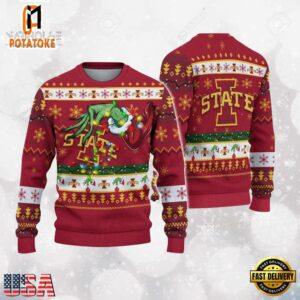 Iowa State Cyclones Merry Christmas Grinch Hand NCAA Ugly Christmas Sweater