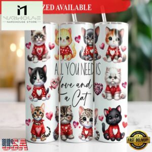 Love And A Cat Valentine 20 oz Skinny Tumbler Cute Kitten Tumbler
