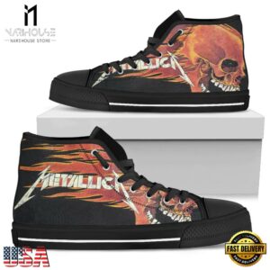 Metallica Flag Motif High Top Canvas Black White Sneakers Shoes