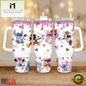 Mickey and Stitch Valentines Stainless Steel Tumbler 40Oz With Handle