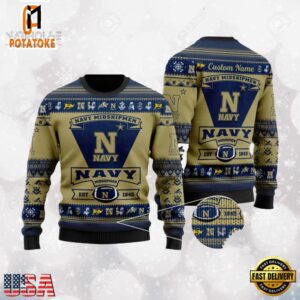 Navy Midshipmen Football Team Logo Custom Name NCAA Ugly Christmas Sweater
