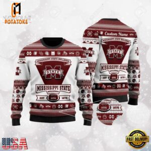 NCAA Mississippi State Bulldogs Football Team Logo Custom Name Ugly Christmas Sweater