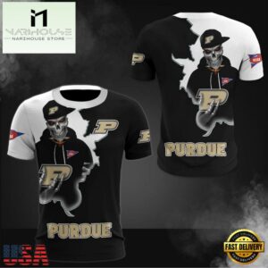 NCAA Purdue Boilermakers Halloween Skeleton All Over Print T Shirt