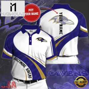 NFL Baltimore Ravens Custom Name White Purple Polo Shirt V4