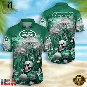 NFL New York Jets Skull Pumpkin Halloween Hawaiian Shirt