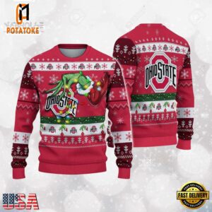 Ohio State Buckeyes Merry Christmas Grinch Hand NCAA Ugly Christmas Sweater